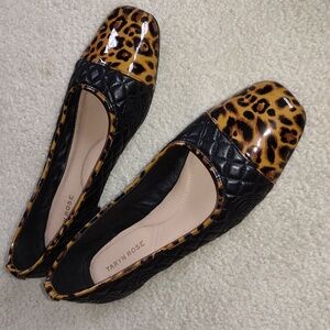 Taryn Rose women's black and orange animal print leather flats. Size 9.5